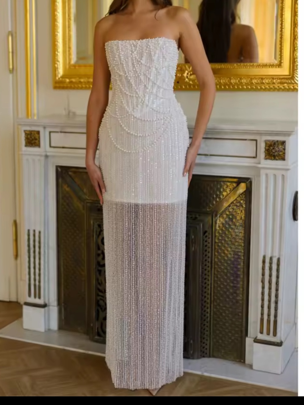 Elegant Strapless White Beaded Evening Gown